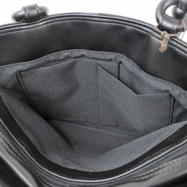 源氏花柄型押し牛革ハンドバッグ
